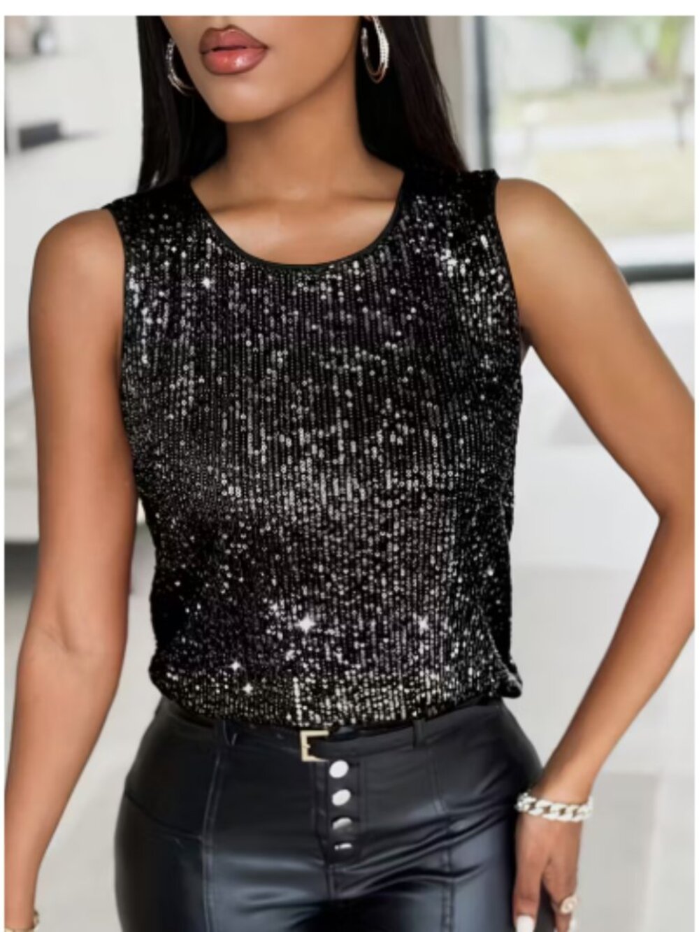Black & Silver Sequin Tank Top Size M NWOT